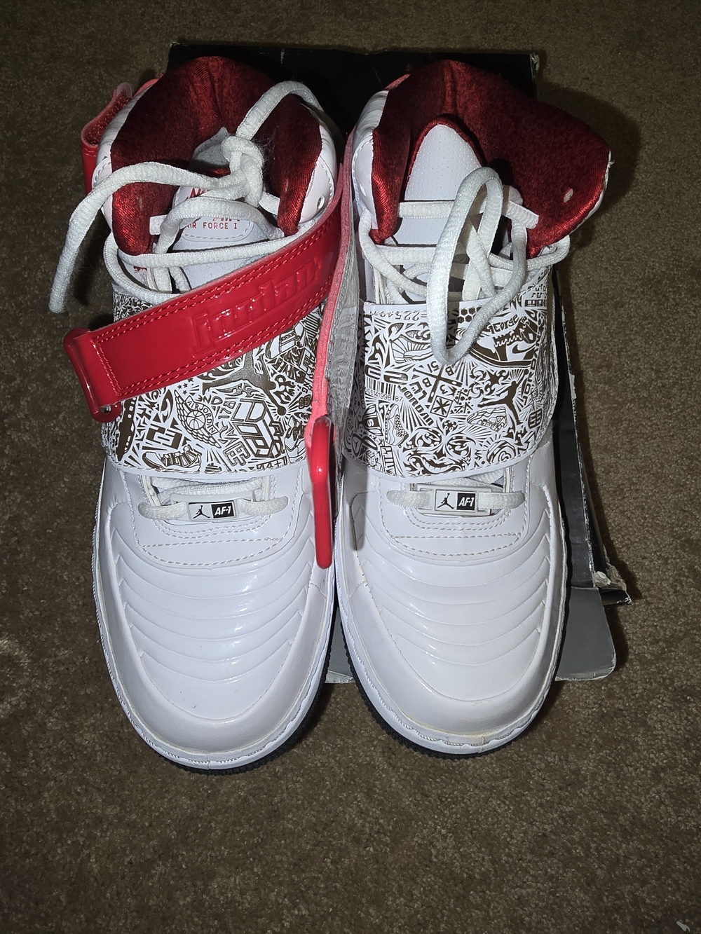Jordan Kids White and Red High-Top Sneakers with Graphic Strap